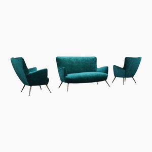 Living Room Set in Brass and Green Velvet, Italy, 1950, Set of 3