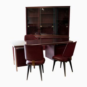 Bureau avec Chaises et Bibliothèque Vintage en Simili Cuir Bordeaux et Laiton par Umberto Mascagni, Italie, 1950, Set de 5