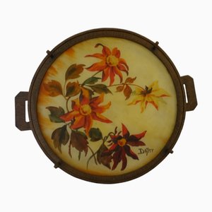 Art Deco Tablett aus lackiertem Glas mit gehämmerter Eisenplatte
