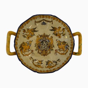 Ciotola Neorinascimentale in Faience con manici di Gien, XIX secolo
