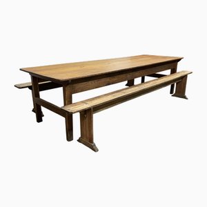 Early 20th Century Farmhouse Table in Fir and Chestnut with Benches, Set of 3