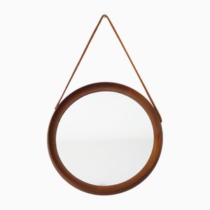 Espejo escandinavo Mid-Century redondo de teca con cordón de cuero, Dinamarca
