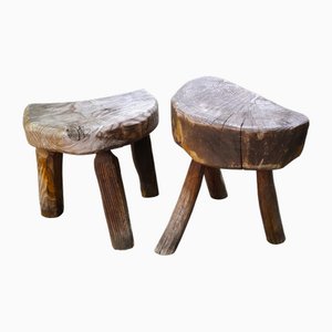 Brutalist Tripod Stools in Grayed Pine, France, 1950s, Set of 2