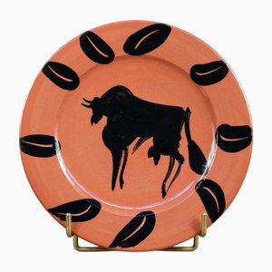 Painted Ceramic Plate in Red Earthenware with Bull, Rim and Leaves by Pablo Picasso for Madoura, 1957