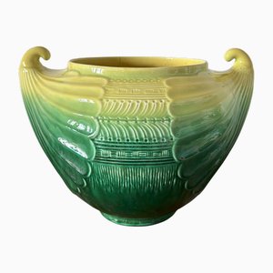 Jugendstil Keramik Übertopf in Grün und Gelb von Christopher Dresser für SCI Laveno, Italien, 1910