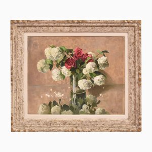 Jules Marie Joseph Roblin, Stillleben mit rosa Rosen und Maiball, Öl auf Leinwand, 20. Jh.