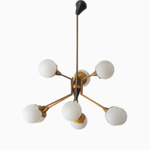 Lustre en Laiton avec Globes en Opaline, Italie, 1960s