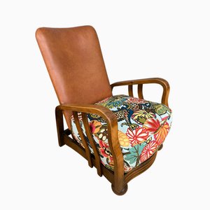 Art Deco Bentwood Armchair with Tan Leather and Chiang Mai Dragon Fabric Upholstery from Schumacher, 1930s