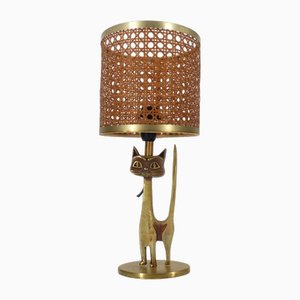 Vintage Cat Table Lamp in Gilded Brass with Cane Shade, 1970s
