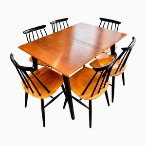 Dining Table and Chairs by Ilmari Tapiovaara for Asko, Finland, 1950s, Set of 7