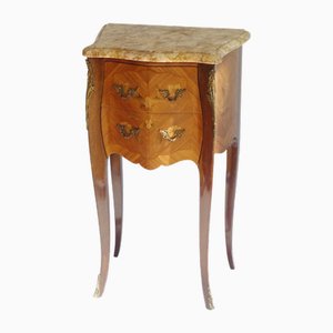 French Louis XV Style Wooden Marquetry Nightstand with Marble Top and Brass Fittings, 1920s