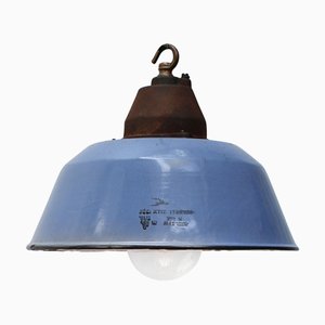 Lámpara colgante industrial vintage de esmalte azul, vidrio transparente y hierro fundido