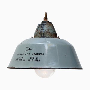 Lampe à Suspension Industrielle Vintage en Émail Gris, Fonte et Verre Clair