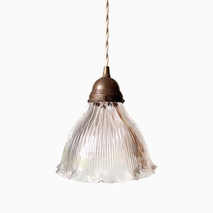 Pendant Light in Transparent Grooved Glass from Holophane, 1920s