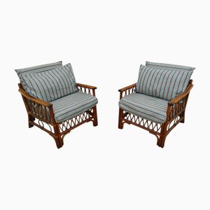 Vintage Rattan Armchairs with Quilted Seats, Set of 2