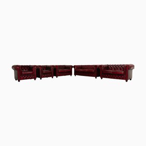 Chesterfield Leather Three-Seater Sofa and Two-Seater Sofa and Armchairs in Red Brown, Set of 5