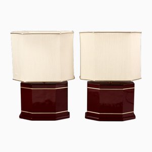 Vintage Table Lamps in Brass and Wood Design, Italy, 1970s