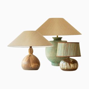 Tischlampe aus grün-brauner Keramik mit Lampenschirmen aus Seide, R. Houben zugeschrieben, 1970