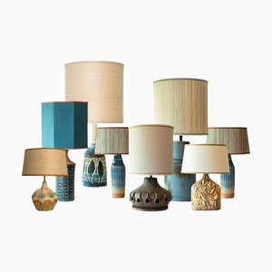 Blaubraune Tischlampe aus Keramik mit Lampenschirmen aus Seide, R. Houben zugeschrieben, 1970
