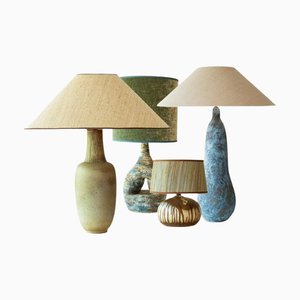 Blaugrüne Keramik Stehlampe mit Seidenschirmen R. Houben zugeschrieben, 1970