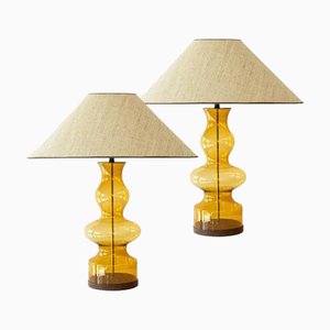 Bernsteinfarbene Tischlampe aus Bubble Glas mit Beigefarbenem Lampenschirm, R. Houben zugeschrieben, 1970