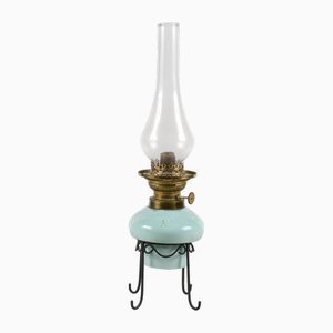 Lampe à Huile en Verre Opalin avec Socle en Métal, Début du 20ème Siècle