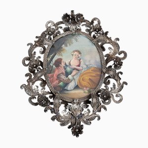Hand-Painted Plaque Depicting Gallant Scene with Silver Filigree Frame, Rome, 18th Century