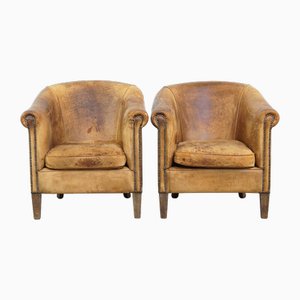 Set of 2 Weathered/Vintage Sheepskin Club Chairs with a Tough and Worn Look by Nico Van Oorschot, Set of x