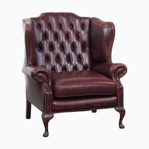 Classic Red Cowhide English Chesterfield Wing Chair with an Exceptionally Wide Seat