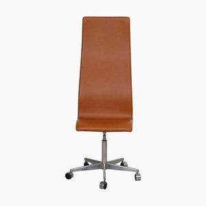Tall Oxford Office Chair in Walnut Anilin Leather by Arne Jacobsen, 1990s