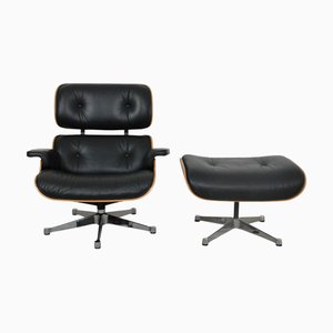 Set of Lounge Chair and Ottoman in Black Leather by Charles and Ray Eames, 2000s