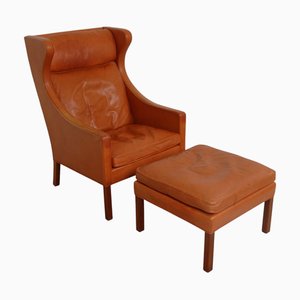 Set of Wingchair and Ottoman in Patinated Cognac Leather by Børge Mogensen, 1980s