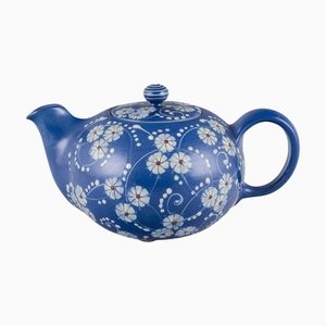 Large Marguerite Teapot with Blue Glaze and White Flowers from Kähler, Denmark