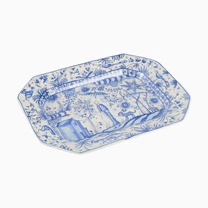 Mid-Century Octagonal Ceramic Dish with Hand-Painted Motif of Man Walking with Dog