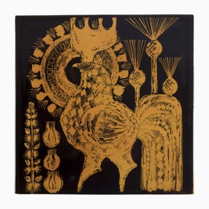 Wall Plaque with Ceramic Rooster Motif by Olle Alberius for Rörstrand, Sweden, 1970s