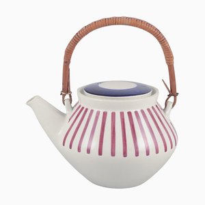 Röd Teapot in Porcelain with Red Stripes by Karin Björquist for Gustavsberg, 1960s