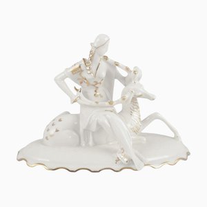 Art Deco Porcelain Figurine of Woman with Deer by Karl Tutter for Hutschenreuther, 1930s