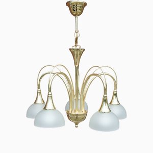 Brass and Glass Chandelier, Poland, 1980s