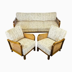 Set da salotto vintage Art Déco in legno curvo e canna, anni '50, set di 3