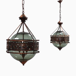 Brutalistische Flaschenlampen aus Kupfer & mundgeblasenem Glas in Grün, 1970er, 2er Set