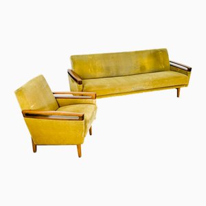 Canapé et Fauteuil Vintage Scandinave en Teck et Velours, 1960s, Set de 2
