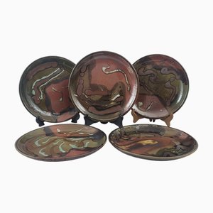 Stoneware Plates by Francisco Pereira, Puisaye, Portugal, 1970s, Set of 5