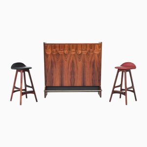 Dry Bar von Johannes Andersen & Palisander Hocker von Erik Buch, Dänemark, 1960er, 3er Set
