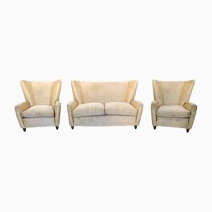 Mobilier de Salon Vintage en Tissu Ivoire par Paolo Buffa, 1950s, Set de 3