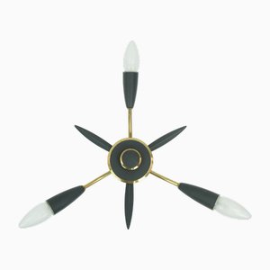 Plafonnier Mid-Century Moderne Sputnik à Trois Lampes en Laiton et Métal Gris Foncé, 1950s