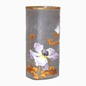 Art Nouveau Rectangular Vase in White Acid-Etched Glass with Enamelled Floral Decoration Enriched with Gold from Montjoye F.-T. Legras, 1890