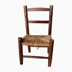 Vintage Children's Chair in Dark Wood with Woven Straw Seat, 1980s