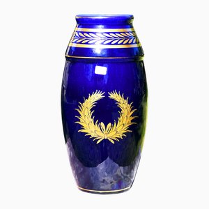 Jarrón de cerámica con base Bleu De Tours y decoración dorada de Gustave Asch, Sainte-Radegonde, años 50