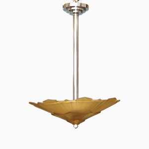 Lampada da soffitto Art Déco in metallo cromato e vetro, Francia, anni '30