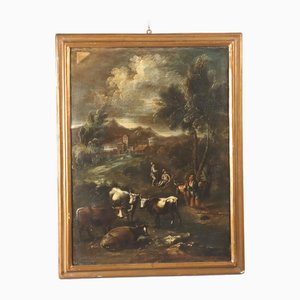 Paisaje con figuras y rebaño, pintura al óleo, enmarcado